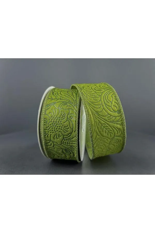 1.5" Flower Embossed Ribbon: Moss Green (10 Yards)