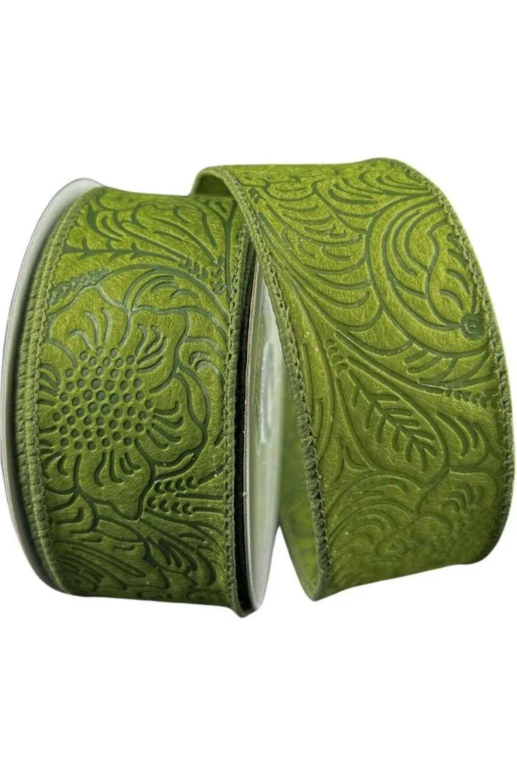 1.5" Flower Embossed Ribbon: Moss Green (10 Yards)