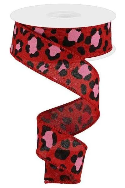 1.5" Leopard Print on Royal Ribbon: Red/Pink (10 Yards)