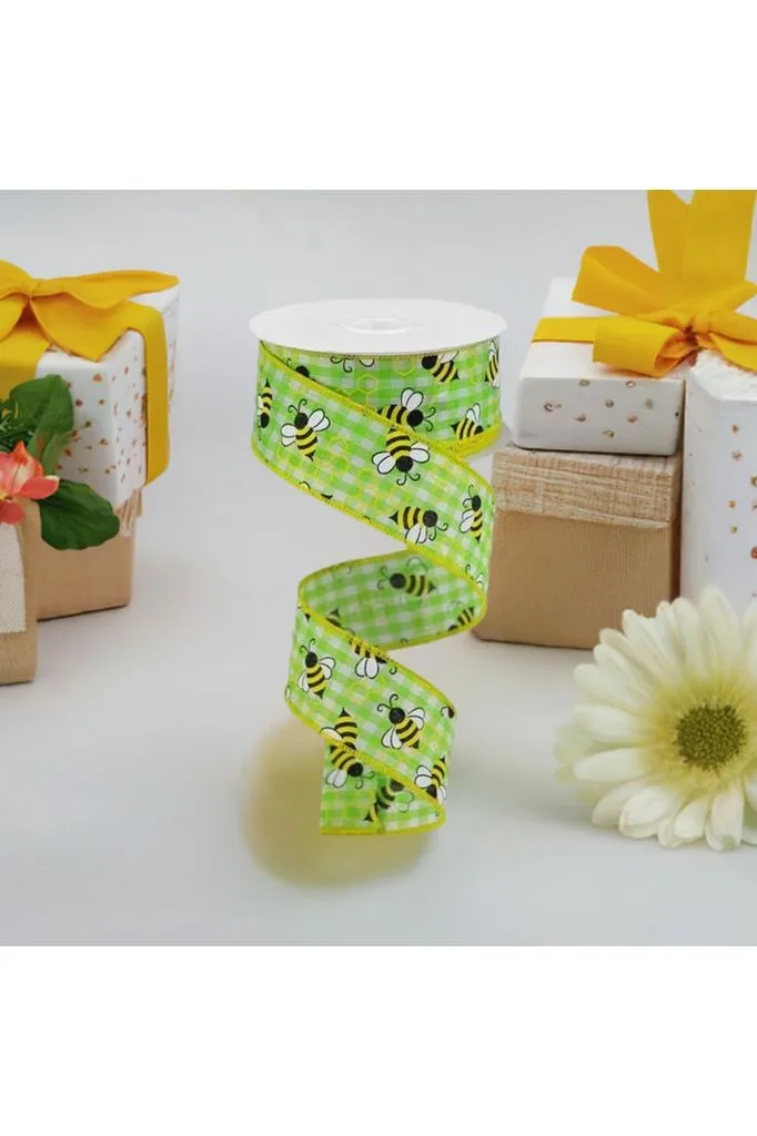 1.5" Mini Bumblebees on Check Ribbon: Lime Green (10 Yards)