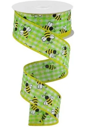 1.5" Mini Bumblebees on Check Ribbon: Lime Green (10 Yards)