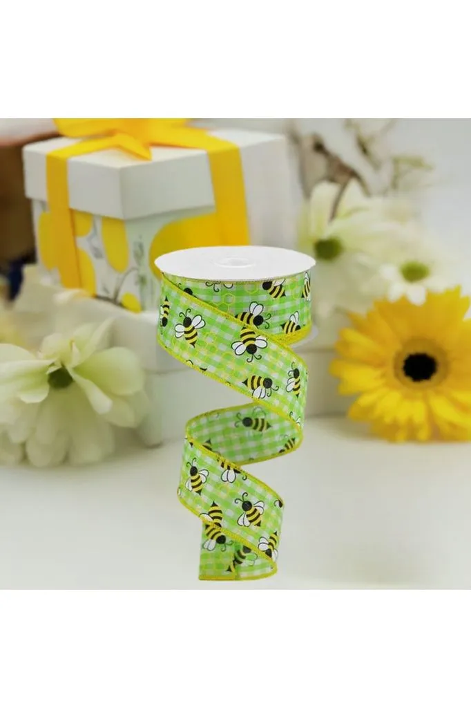 1.5" Mini Bumblebees on Check Ribbon: Lime Green (10 Yards)