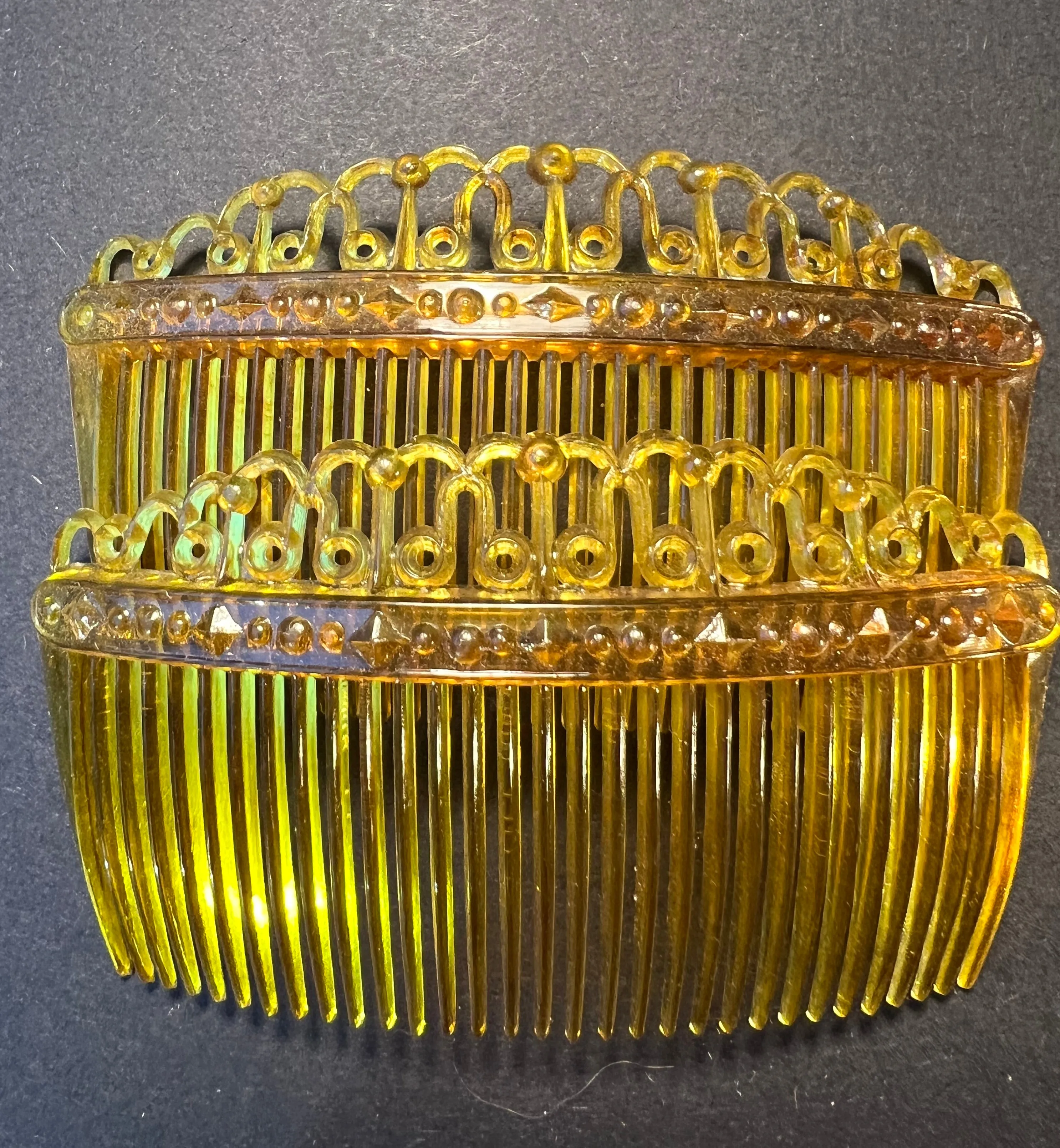 2 Delicate 1940s BRITISH MADE Amber Plastic 9cm Hair Combs