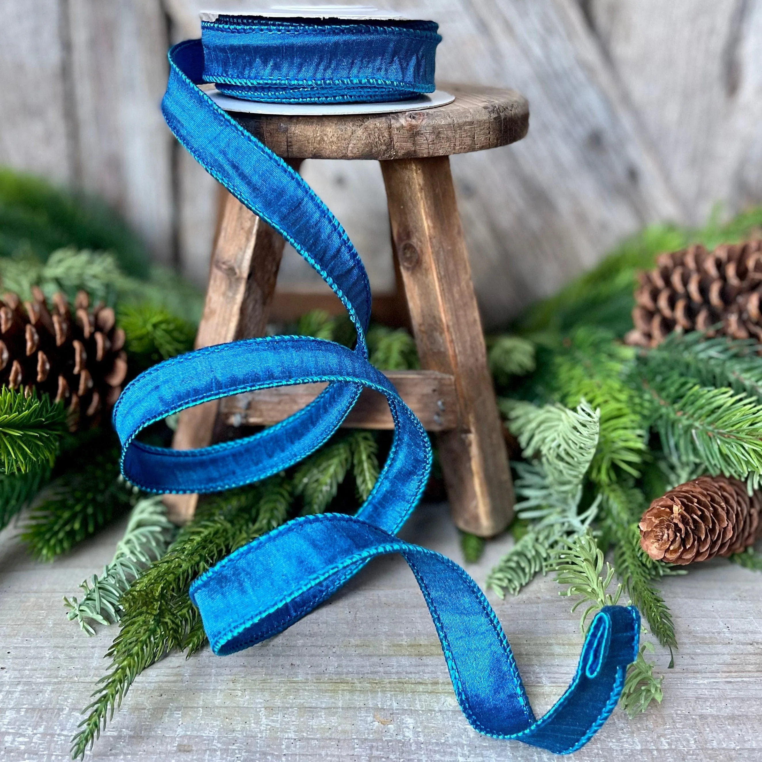 7/8" Blue Turquoise Wired Ribbon, Dupioni Ribbon, Narrow Ribbon