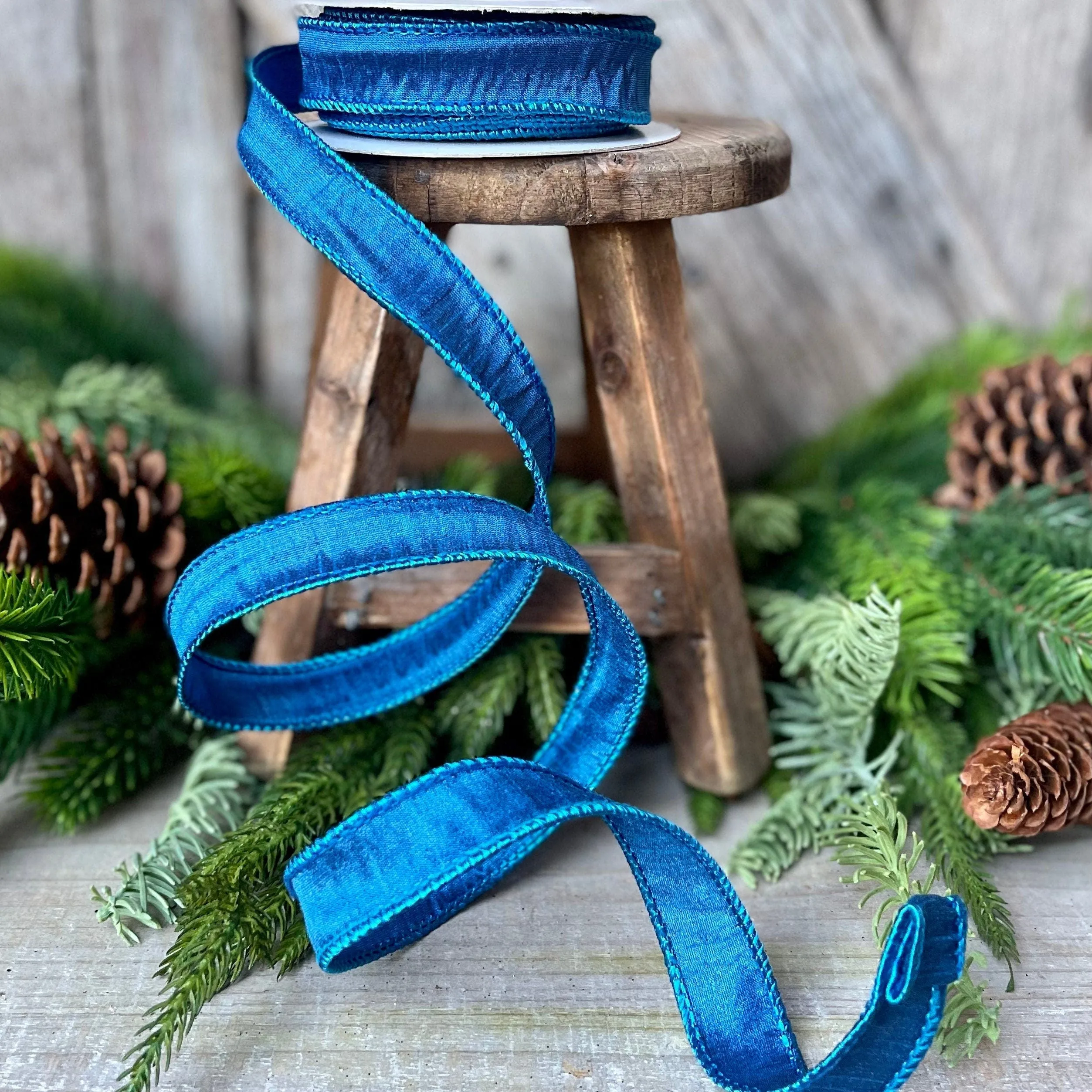 7/8" Blue Turquoise Wired Ribbon, Dupioni Ribbon, Narrow Ribbon