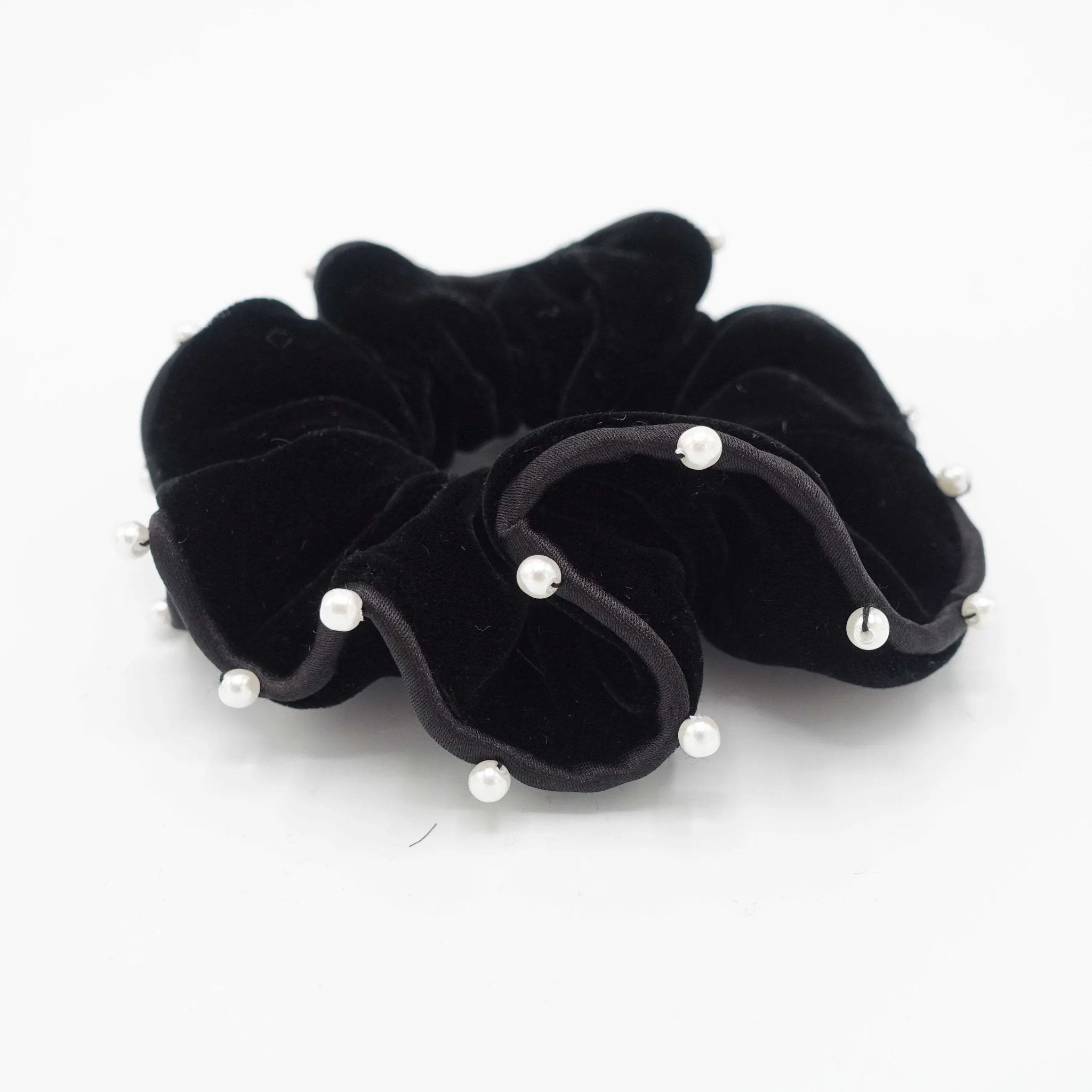 black silk velvet scrunchies faux pearl embellished scrunchy women hair accessory