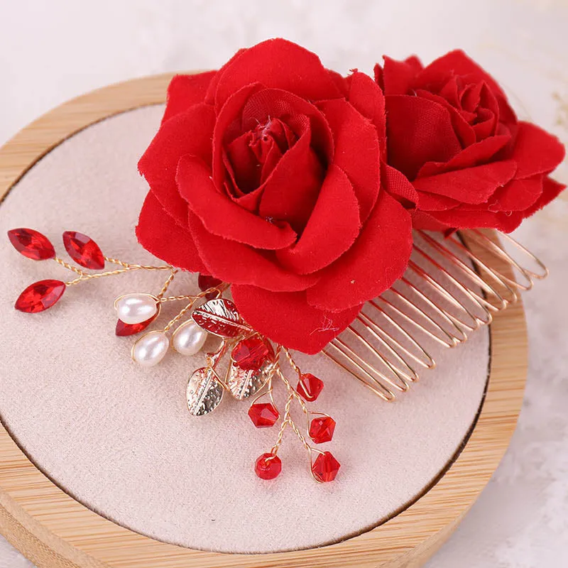 Bridal Red Rose Hair Accessories for Chinese Wedding