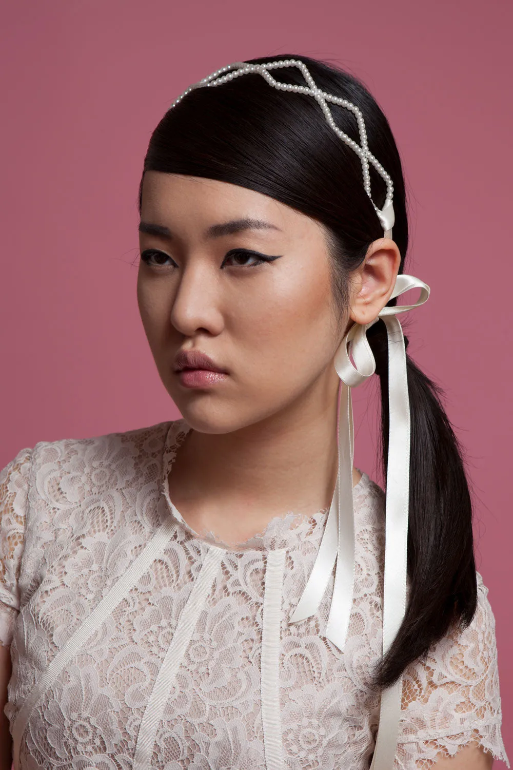 Clemence: Pearl Headband with Ribbon Ties