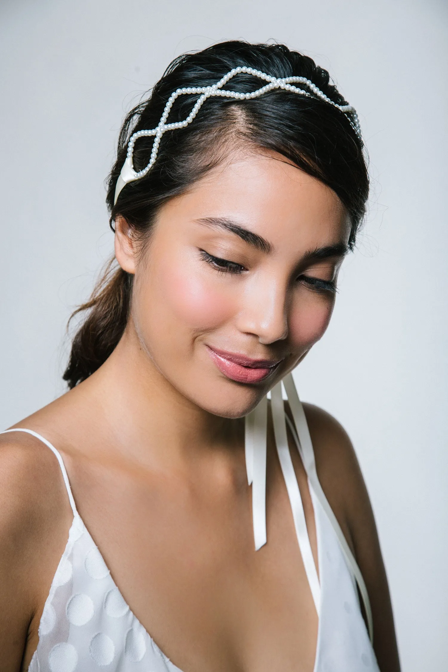 Clemence: Pearl Headband with Ribbon Ties