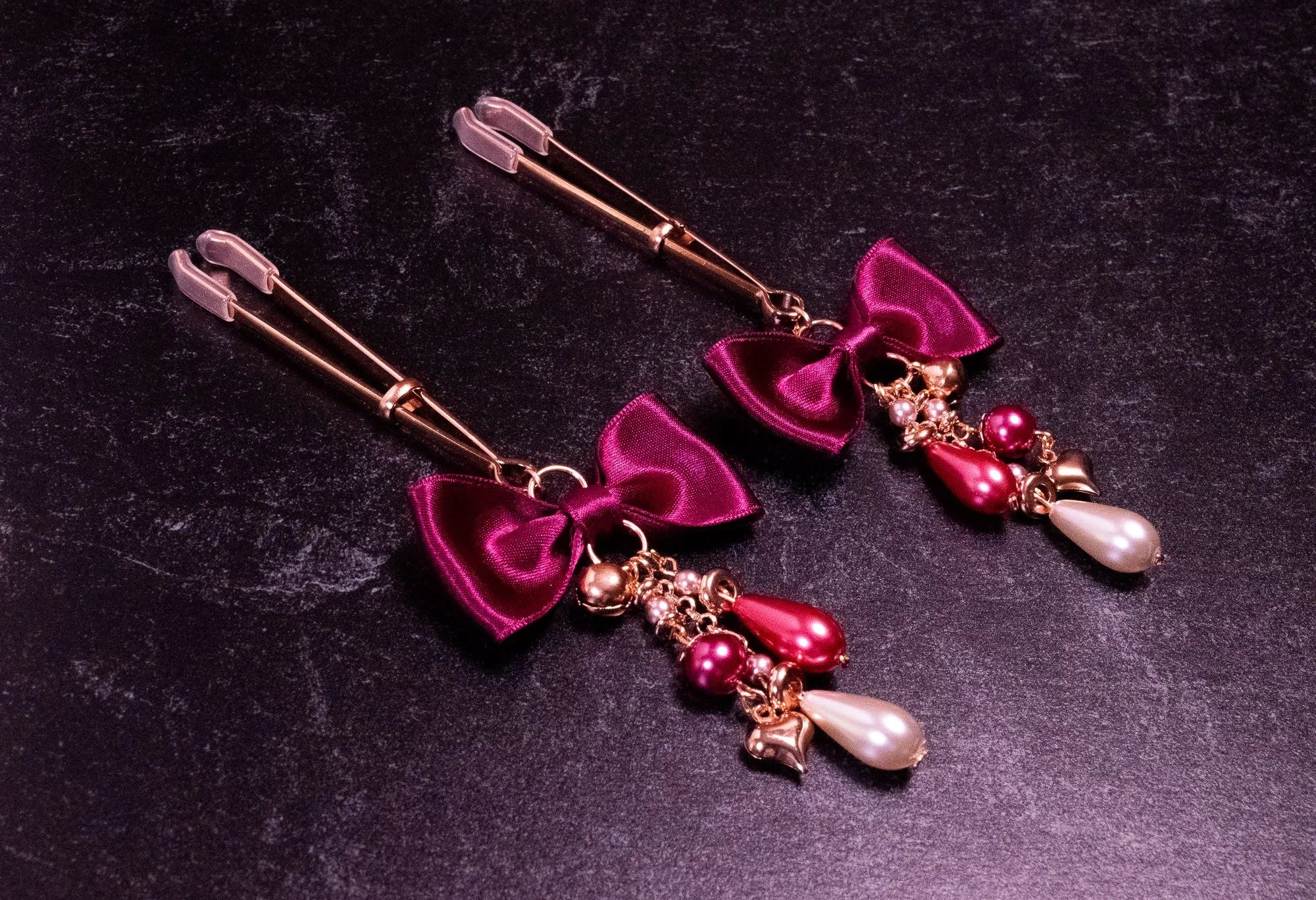 Deluxe Burgundy Bow Tweezer Nipple Clamps in Rose Gold