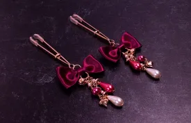 Deluxe Burgundy Bow Tweezer Nipple Clamps in Rose Gold