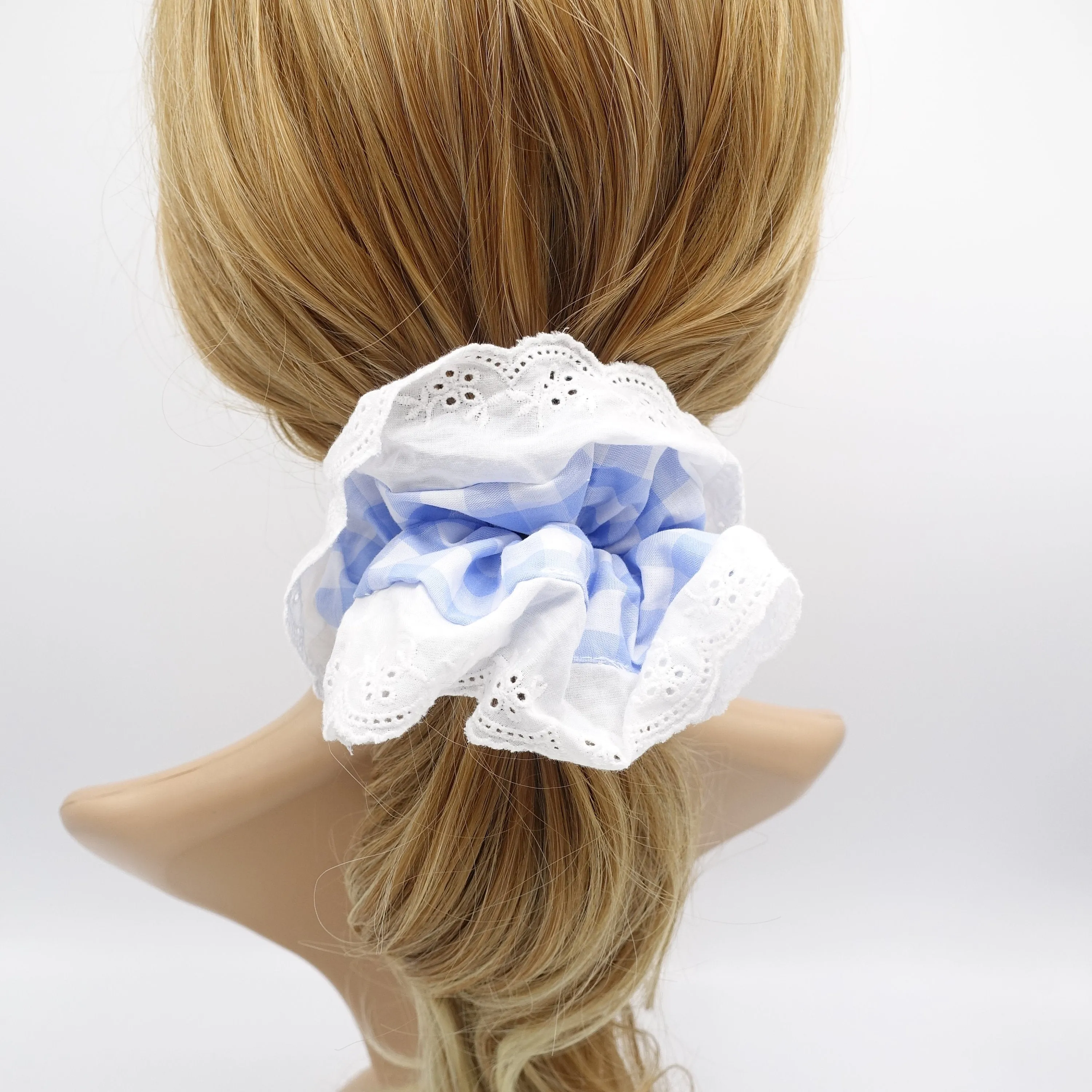 gingham scrunchies, eyelet lace scrunchies, cotton hair tie for women