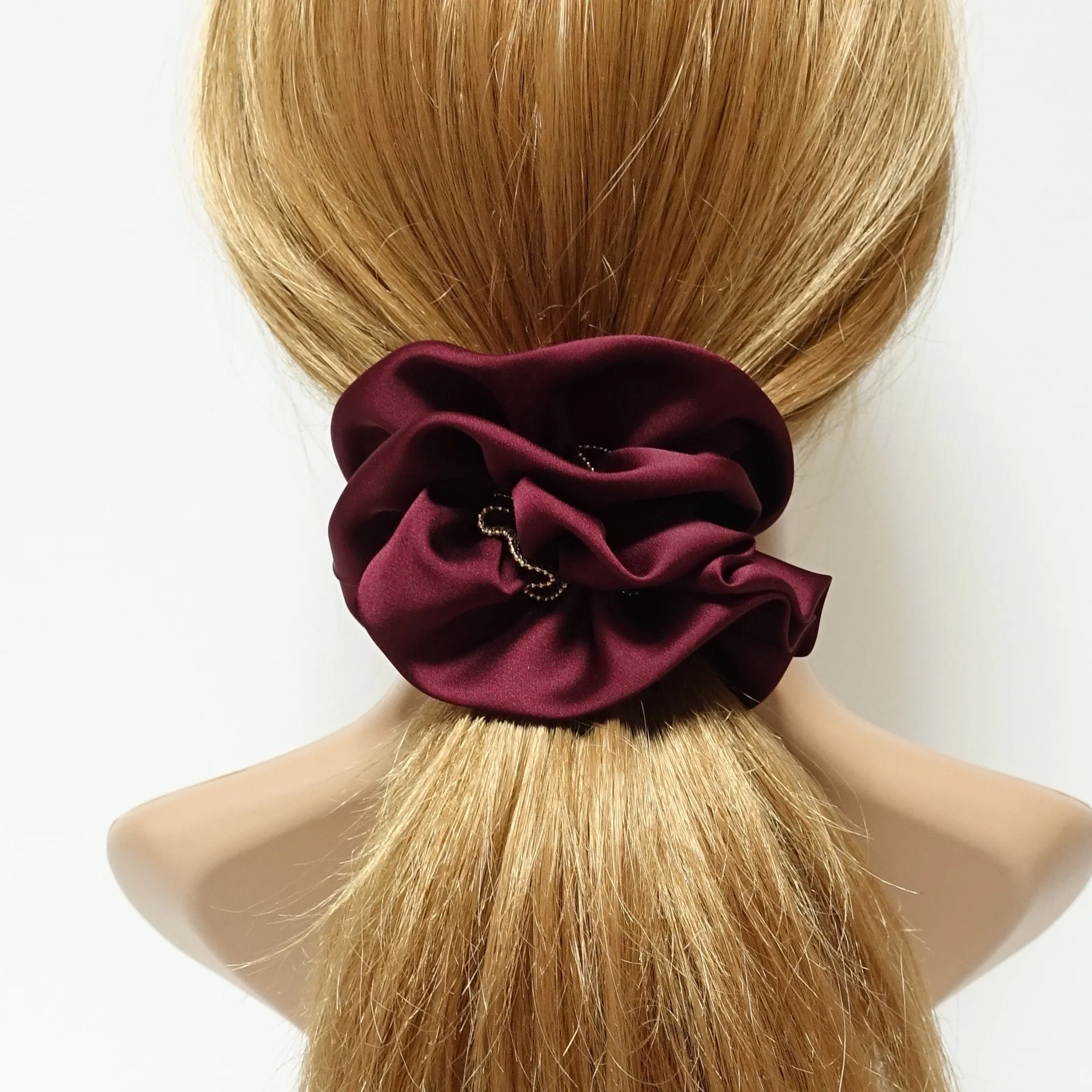 golden zipper chain decorated satin scrunchy soft glossy woman hair scrunchies