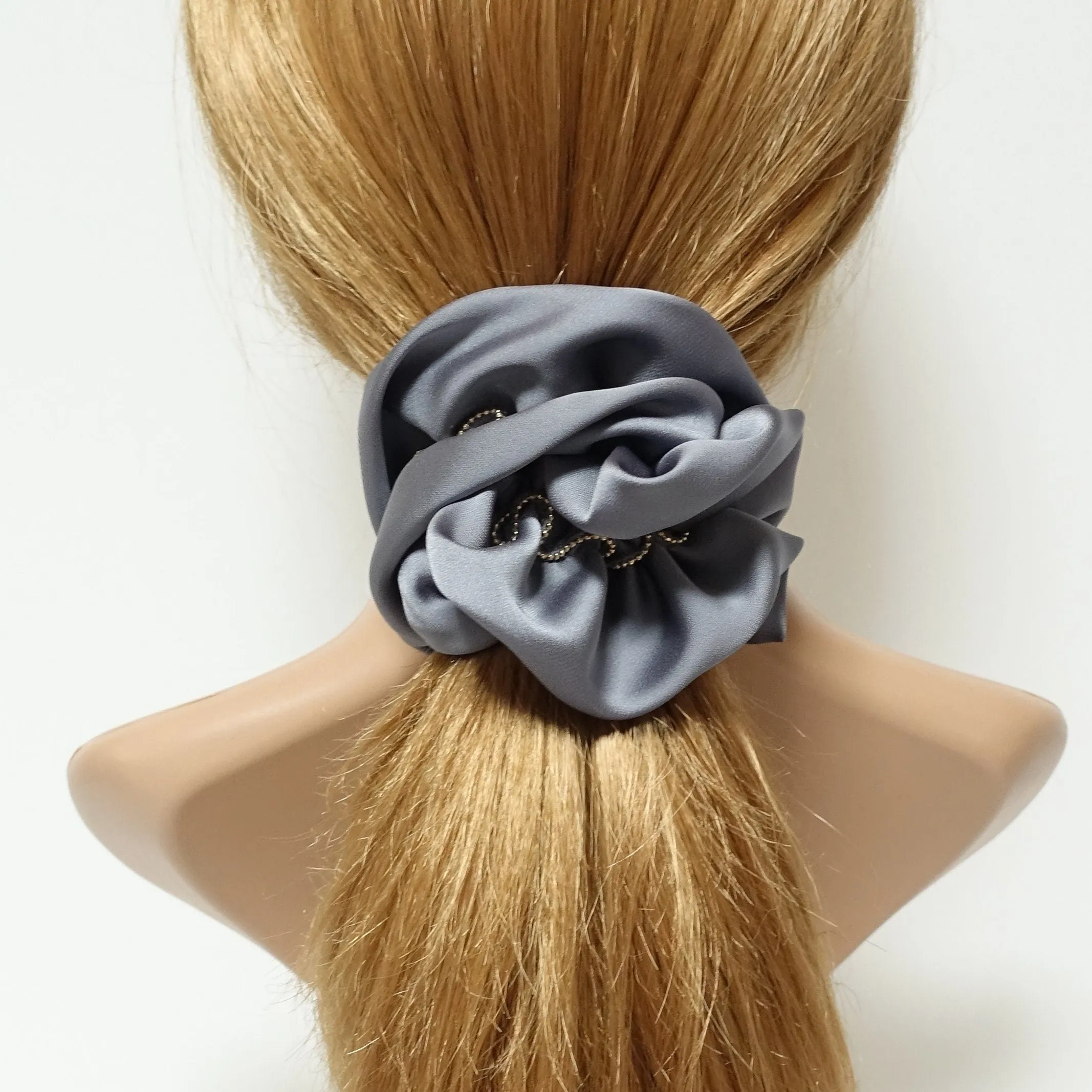 golden zipper chain decorated satin scrunchy soft glossy woman hair scrunchies