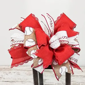 Lantern Wreath Bow - Burlap Wreath Embellishment for Making Your Own - Layered Full Handmade Farmhouse Already Made (Baseball (Tan/Red)