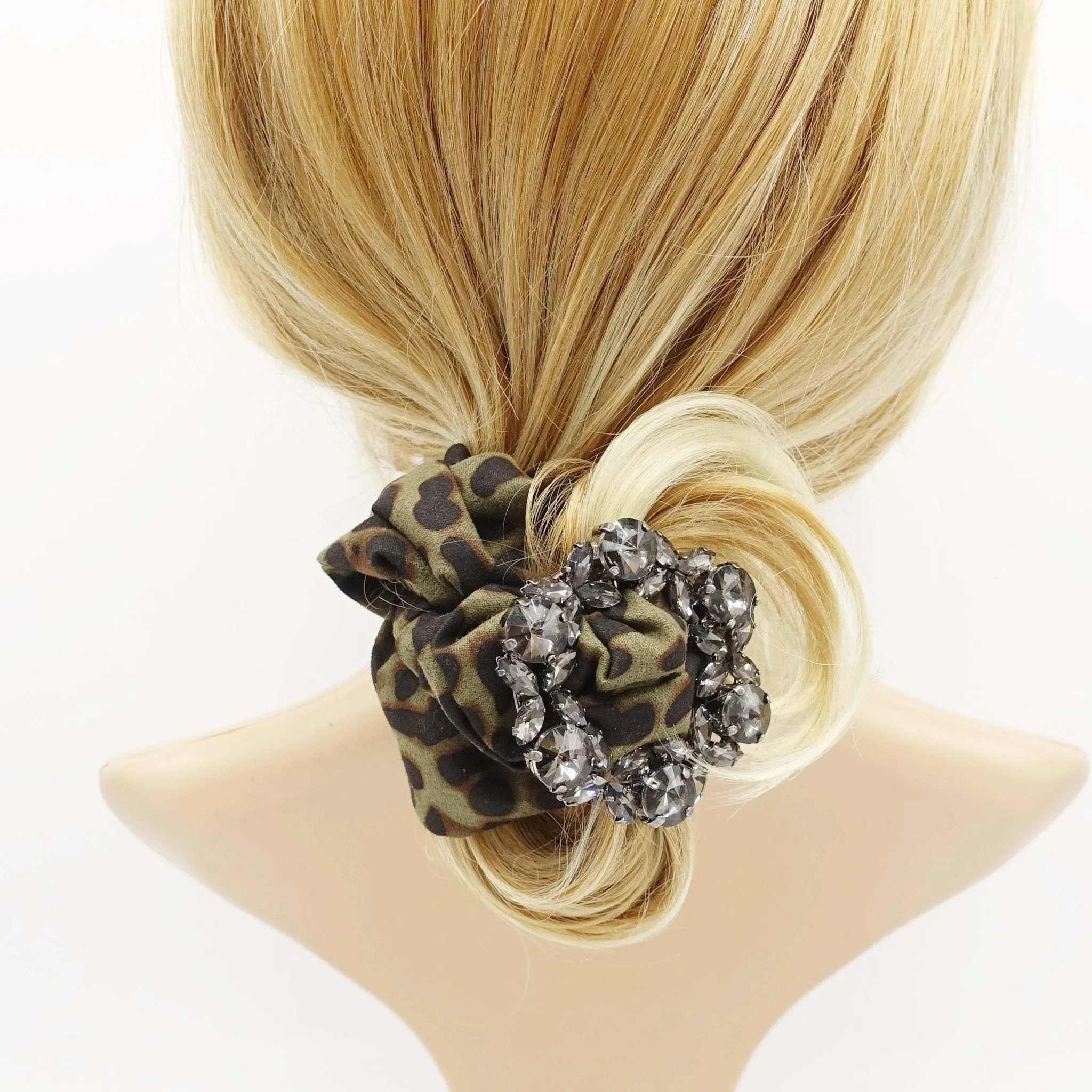 leopard scrunchies glass rhinestone  buckle embellished scrunchie