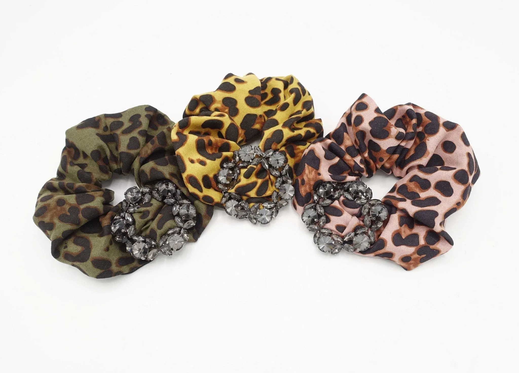 leopard scrunchies glass rhinestone  buckle embellished scrunchie