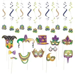 Mardi Gras Photo Booth Set - Complete Selfie Station with Mask Props and Hanging Swirl Backdrop Party Decorations (24 pieces)