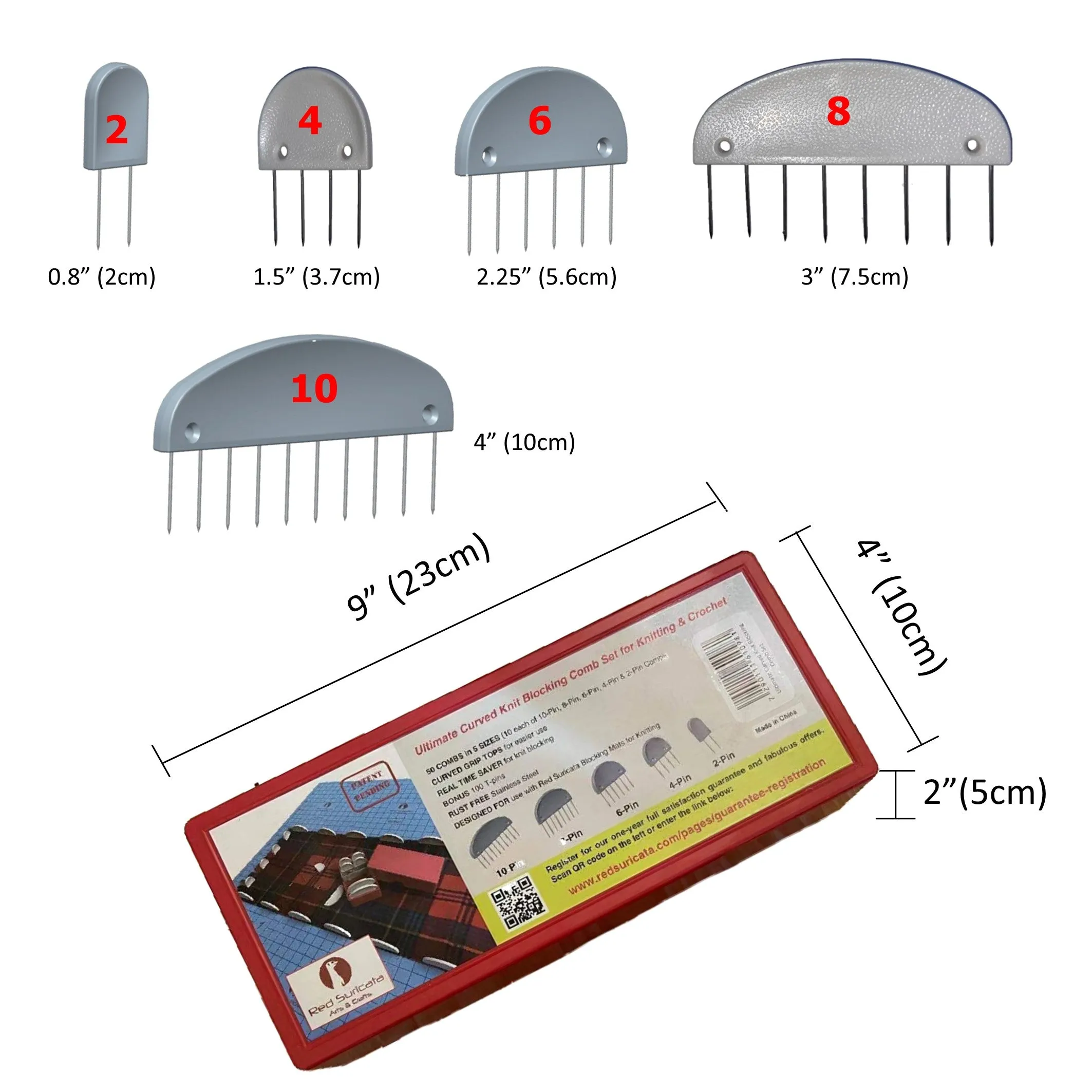 Red Suricata Curved Knit Blocking Combs – Set of 50 Curved Edge Combs (5 sizes, 10 each) – Extra 100 T-pins