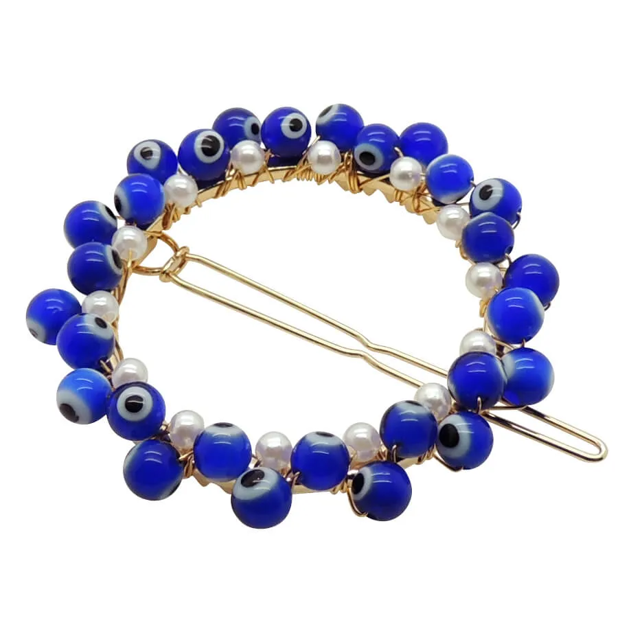 Round Glass Evil Eye and Pearl Bead Barrette Hair clip