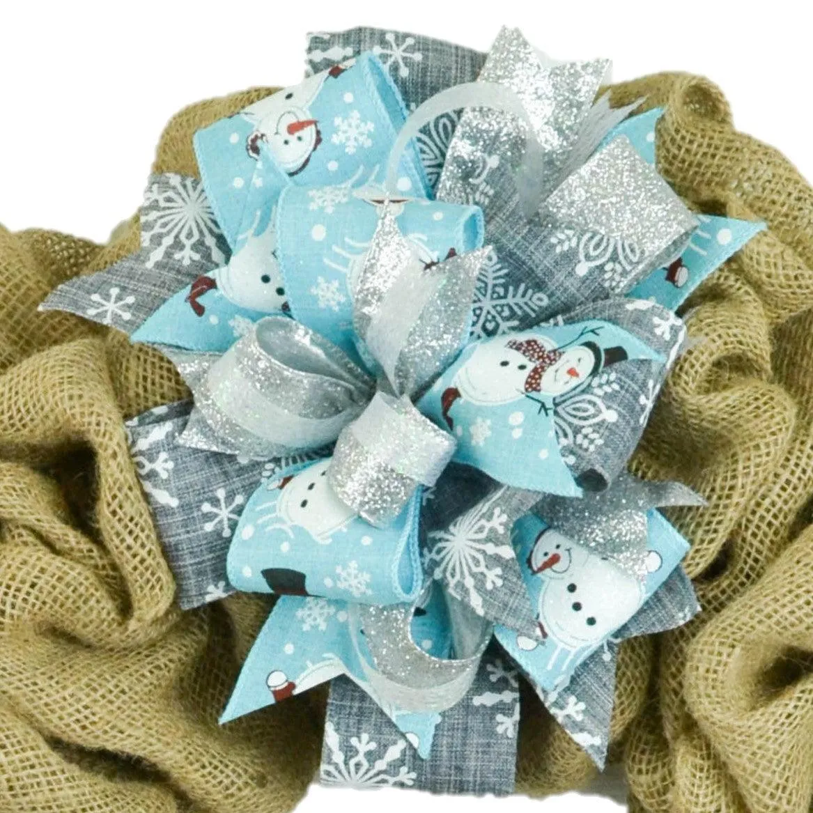 Snow Cold Weather Christmas Light Blue Black White Lantern Wreath Bow - Burlap Wreath Embellishment for Making Your Own - Layered Full Handmade Farmhouse Already Made